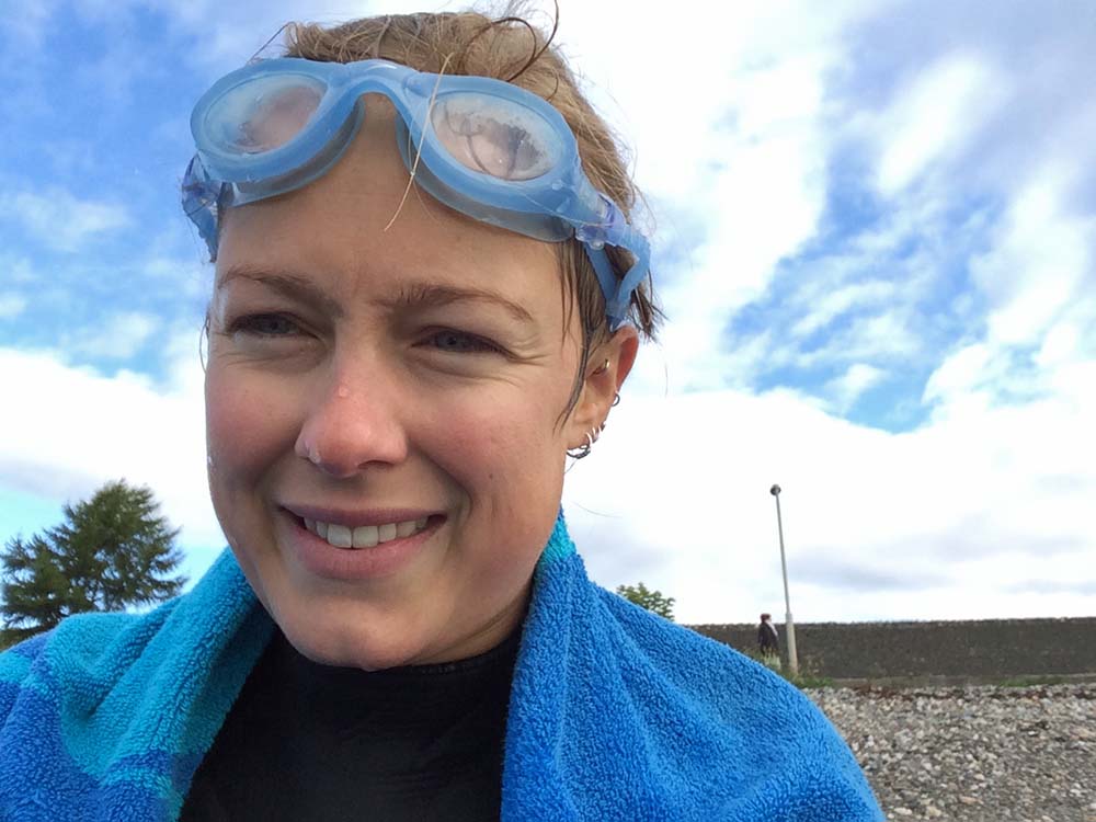 Laura after her swim across the Clyde estuary.